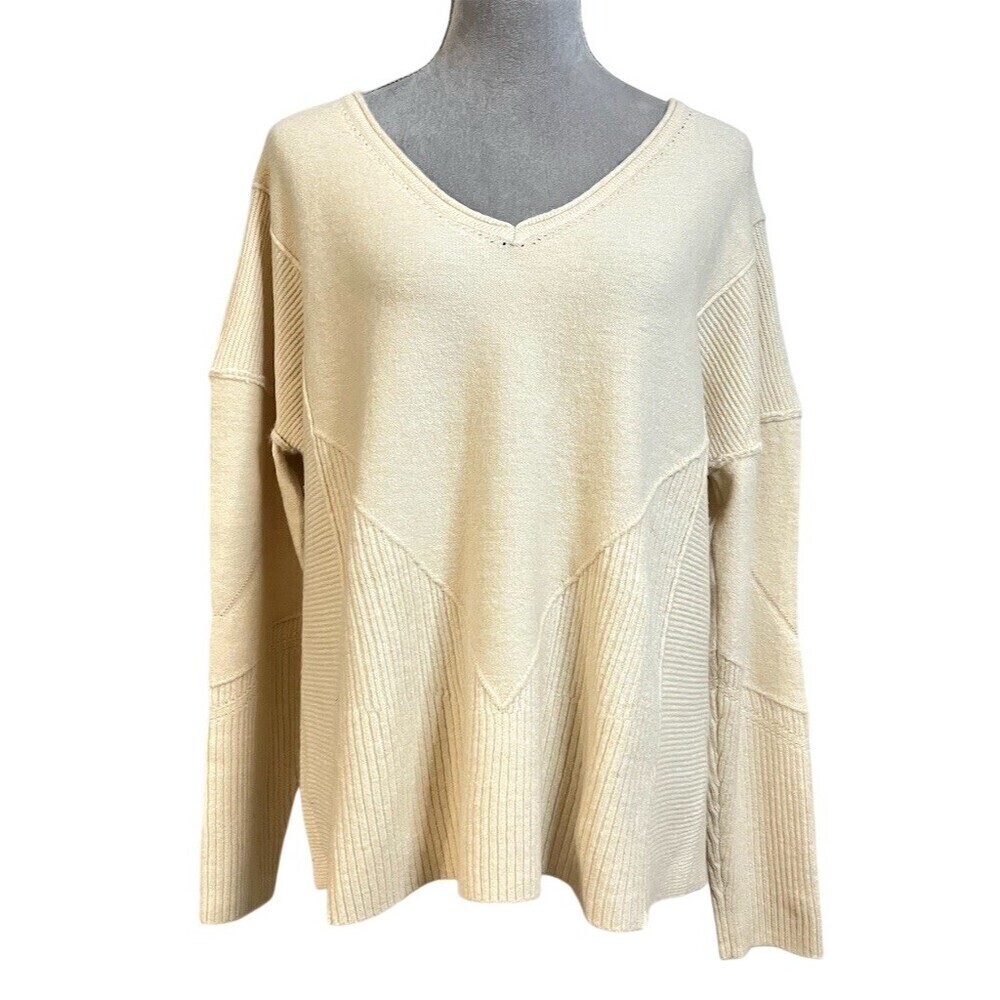 Linen Blend Women’s  Sweater XL Beige V-Neck Ribbed Pullover Winter Comfy Cozy